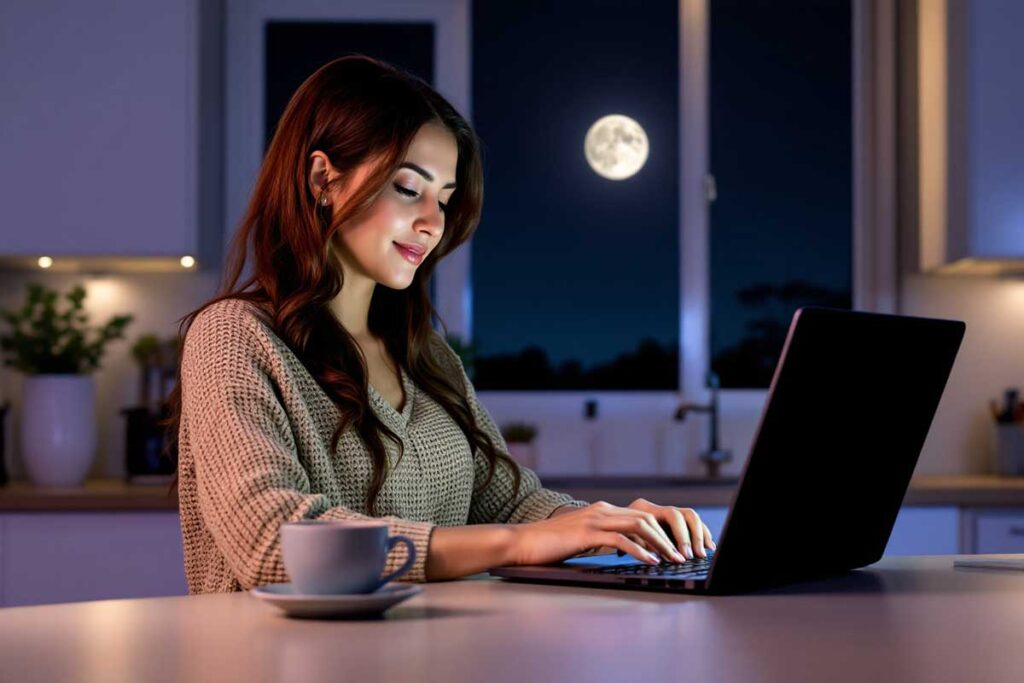 woman working at kitchen table at night