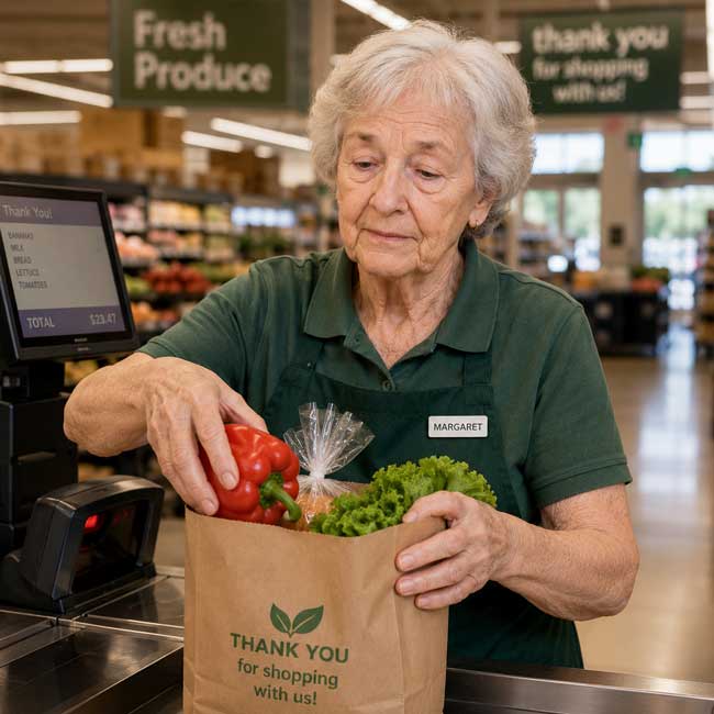 woman working in grocery store in her 70's