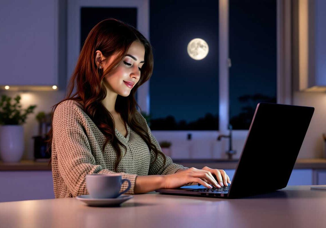 woman working at kitchen table at night